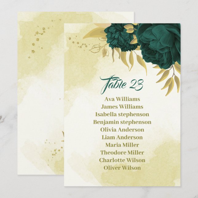 Emerald green gold floral seating chart card (Front/Back)
