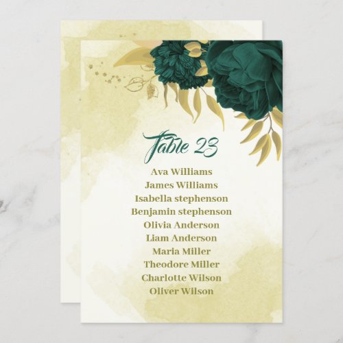 Emerald green gold floral seating chart card