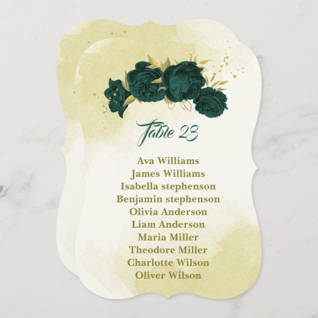 Emerald green gold floral seating chart card (Front/Back)