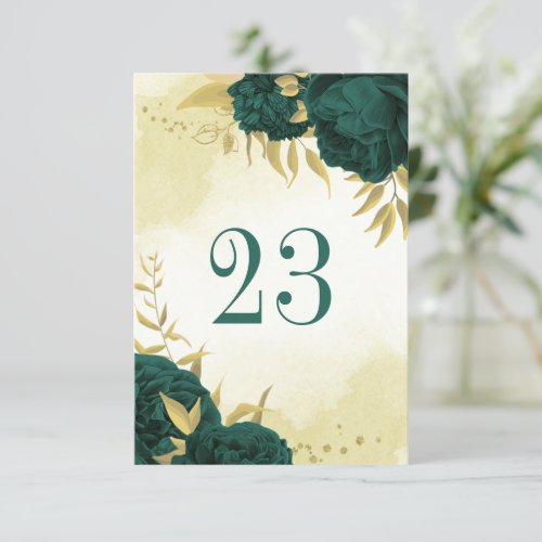 Emerald green gold floral table number