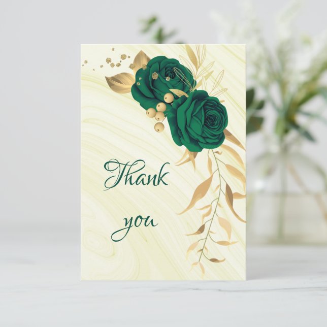 emerald green gold floral  thank you card (Standing Front)