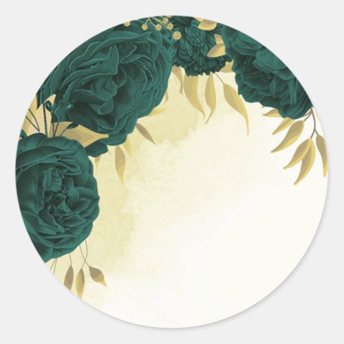 Emerald green gold floral wedding classic round sticker