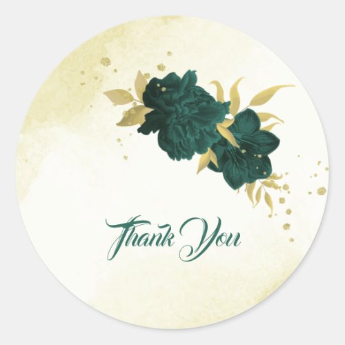 Emerald green gold floral wedding classic round sticker