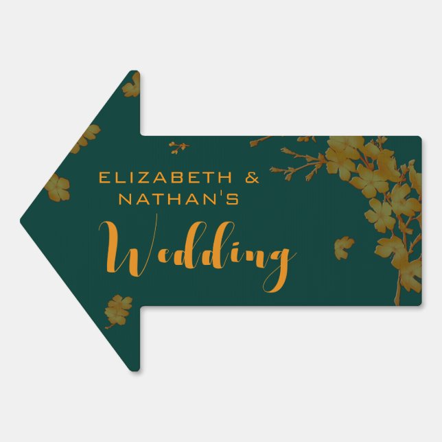 Emerald Green Gold Floral Wedding Direction Arrow Sign (Front)