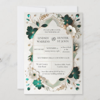 Emerald Green Gold Floral Wedding Invitation