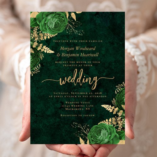 Emerald Green Gold Floral Wedding Invitation