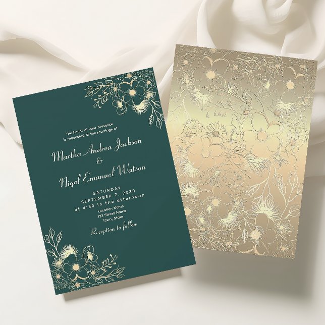 Emerald Green Gold Floral Wedding Invitation (Creator Uploaded)