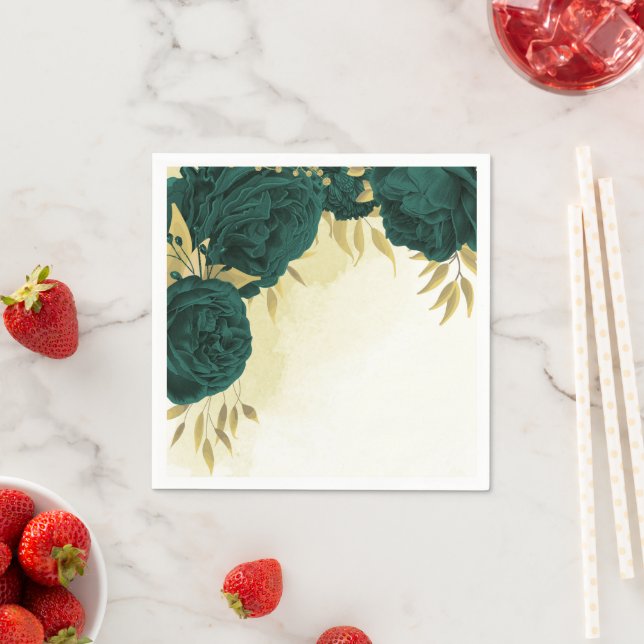 Emerald green gold floral wedding napkins (Insitu)