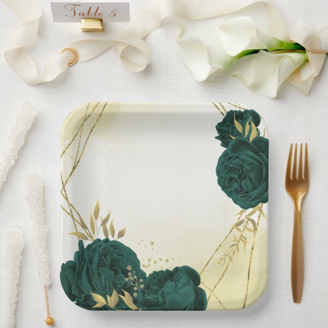 Emerald green gold floral wedding paper plates (Wedding)