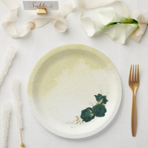 Emerald green gold floral wedding paper plates