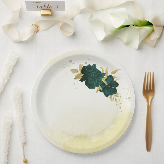 Emerald green gold floral wedding paper plates (Wedding)