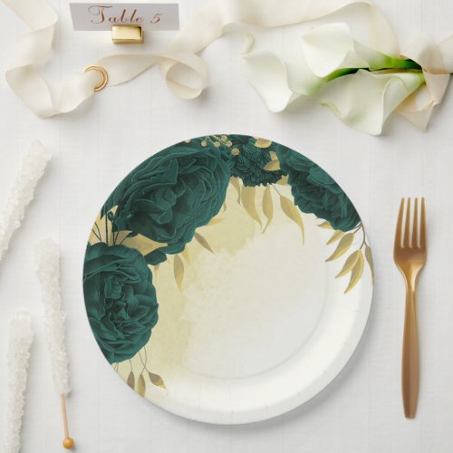 Emerald green gold floral wedding paper plates