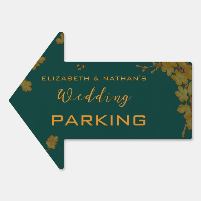 Emerald Green Gold Floral Wedding Parking Arrow Sign (Front)