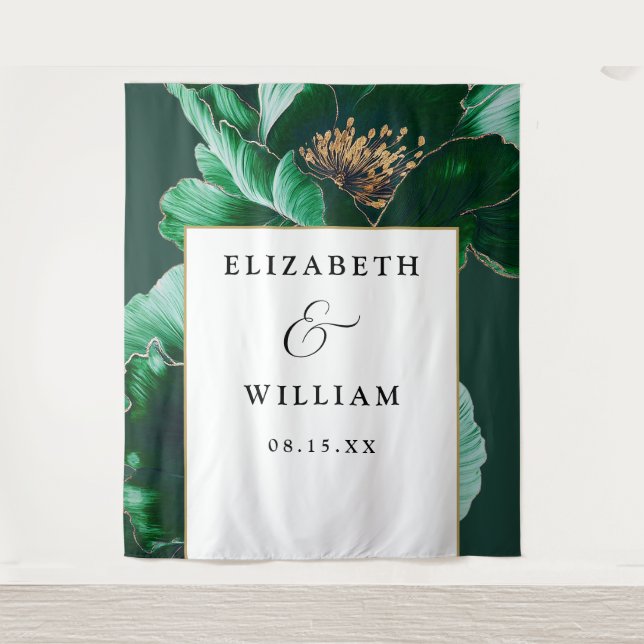 Emerald Green Gold Floral Wedding Photo Backdrop (Front)