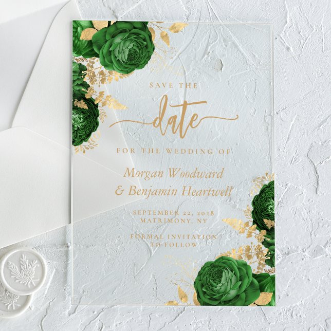 Emerald Green Gold Floral Wedding Save the Date Acrylic Invitations (Creator Uploaded)