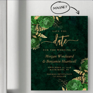 Emerald Green Gold Floral Wedding Save the Date Magnetic Invitation
