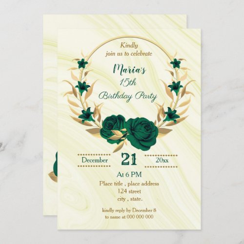 emerald green gold floral wreath birthday party invitation