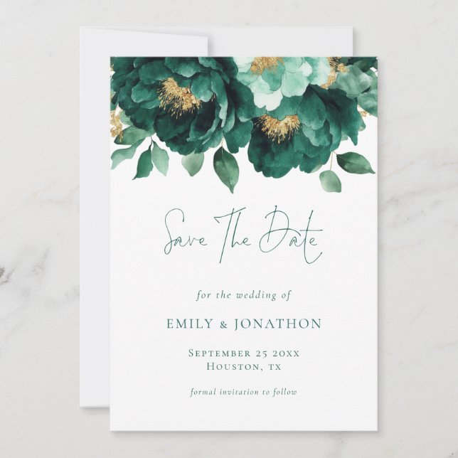 Emerald Green Gold Florals QR Code Wedding Save The Date (Front)