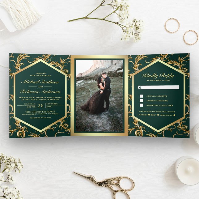 Emerald Green Gold Flourish Swirl Wedding Photo Tri-Fold Invitation (Creator Uploaded)