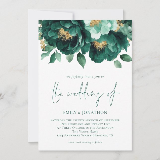 Emerald Green Gold Flowers Photo QR Code Wedding Invitation (Front)