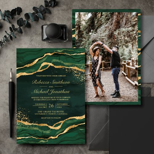 Emerald Green Gold Fluid Ink Photo Wedding Invitation