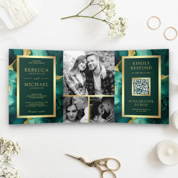 Emerald Green Gold Fluid Ink Qr Code Wedding Tri-fold Invitation by ShabzDesigns at Zazzle
