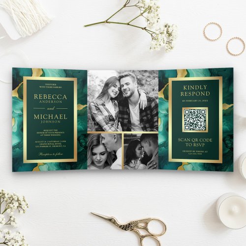 Emerald Green Gold Fluid Ink QR Code Wedding Tri_Fold Invitation