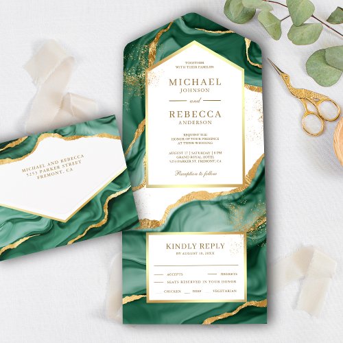 Emerald Green Gold Foil Abstract Fluid Ink Wedding All In One Invitation