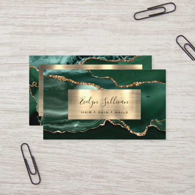Emerald Green Gold Foil Agate Business Card (Front/Back In Situ)