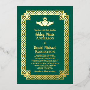 Emerald Green Gold Foil Celtic Claddagh Wedding Foil Invitation