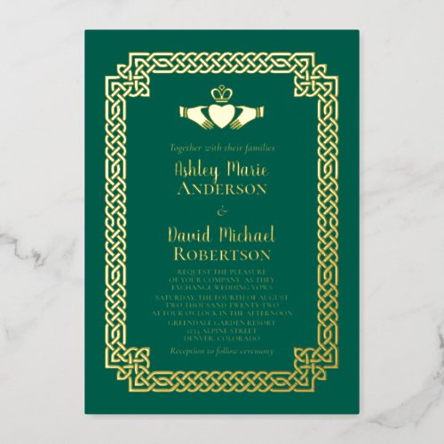Emerald Green Gold Foil Celtic Claddagh Wedding Foil Invitation