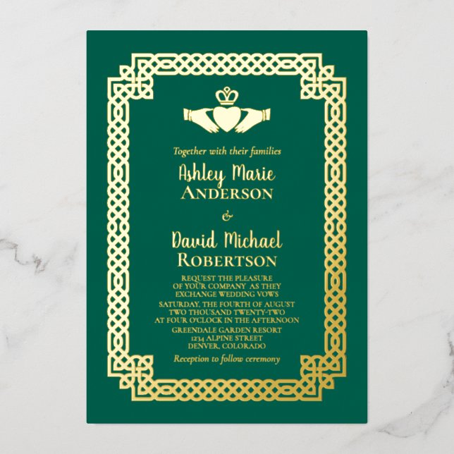 Emerald Green Gold Foil Celtic Claddagh Wedding Foil Invitation (Front)