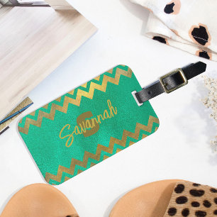 Emerald Green Gold Foil Chevron Monogram Name Luggage Tag