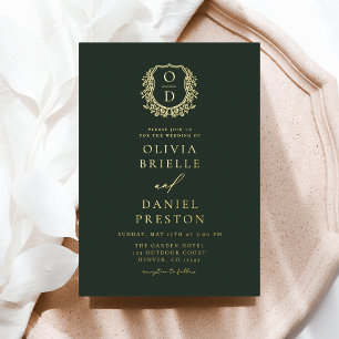 Emerald Green Gold Foil Crest Monogram Wedding Foil Invitation