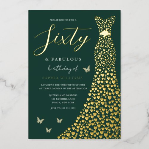 Emerald Green Gold Foil Gown 60th Birthday Party Foil Invitation