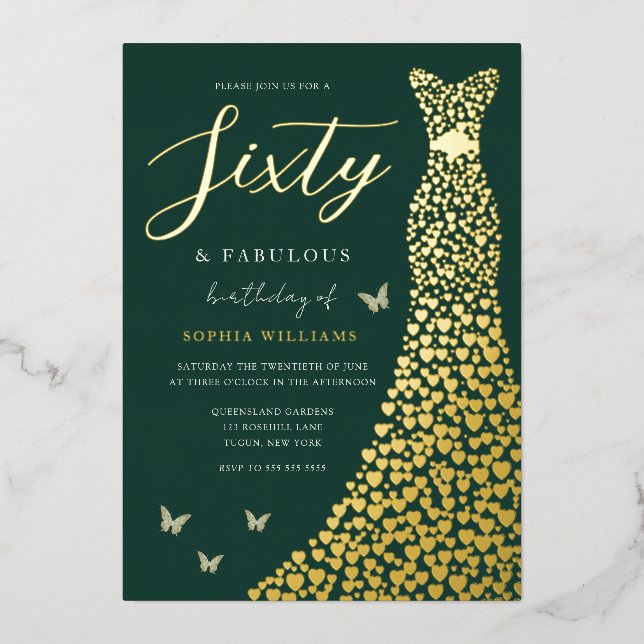 Emerald Green Gold Foil Gown 60th Birthday Party Foil Invitation (Front)