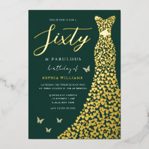 Emerald Green Gold Foil Gown 60th Birthday Party Invitation