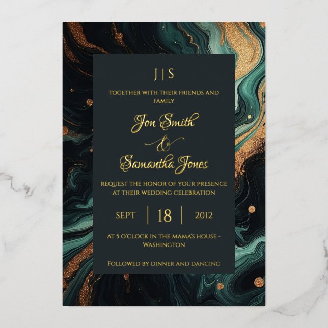 Emerald green gold foil invitation (Front)