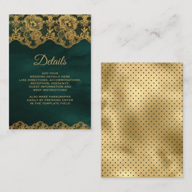 Emerald Green Gold Foil Lace Details Enclosure Card (Front/Back)