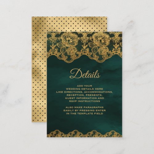 Emerald Green Gold Foil Lace Details Enclosure Card