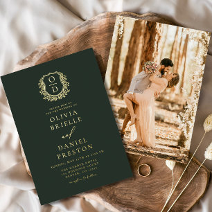 Emerald Green Gold Foil Photo Monogram Wedding Invitation