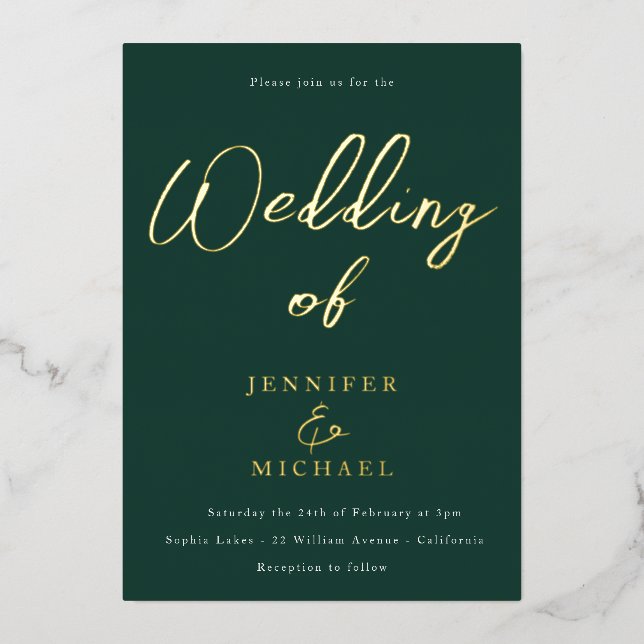 Emerald Green & Gold Foil Wedding  Foil Invitation (Front)