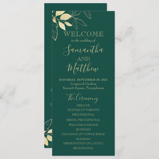 Emerald Green & Gold Foliage Botanical Wedding Program (Front/Back)
