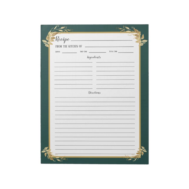 Emerald Green Gold Foliage Recipe Binder Notepad (Rotated)
