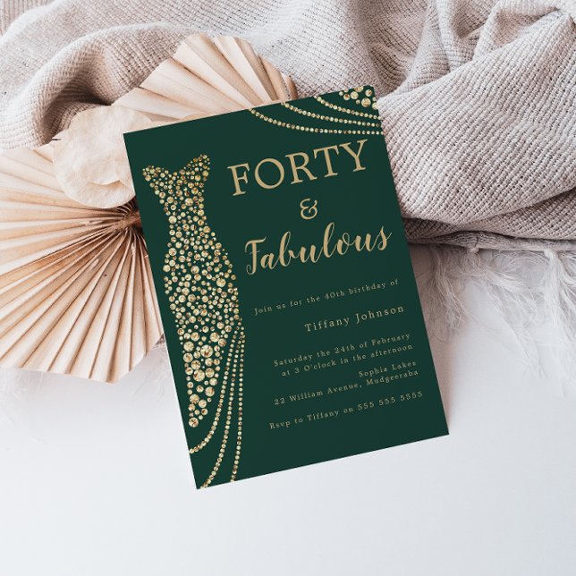 Emerald Green & Gold Forty & Fab 40th Birthday Invitation (Creator Uploaded)