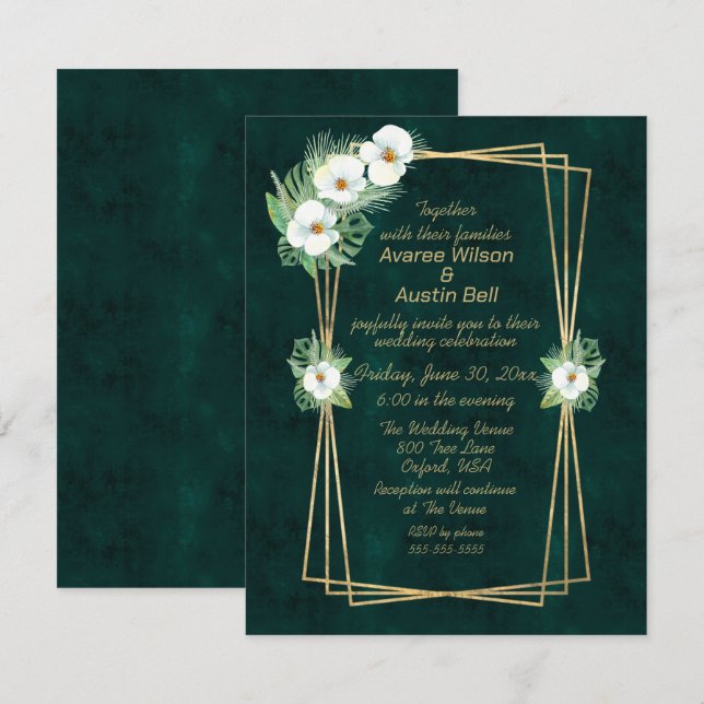 Emerald Green Gold Frame Floral Invitation (Front/Back)