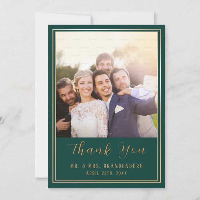 Emerald Green & Gold Frame Photo Thank You Card (Front)
