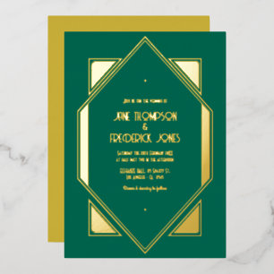 Emerald Green & Gold Gatsby Art Deco Wedding Foil Invitation