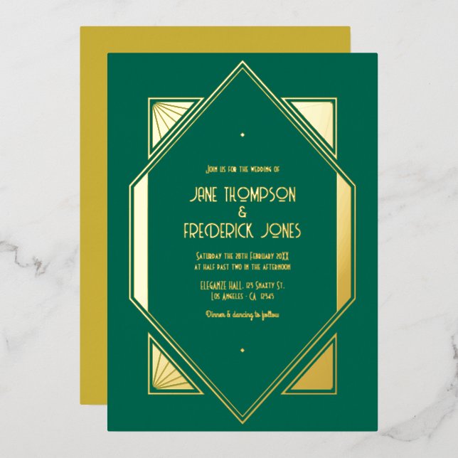 Emerald Green & Gold Gatsby Art Deco Wedding Foil Invitation (Front/Back)
