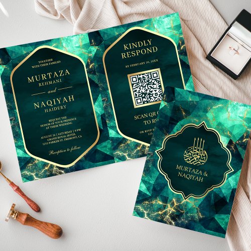 Emerald Green Gold Gemstone QR Code Muslim Wedding Invitation